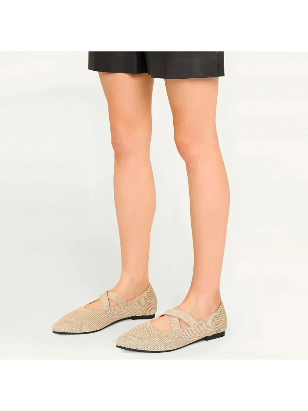 Women's Beige Pointed Toe Comfortable Mary Jane Slip-On Knit Ballet Flat Shoes